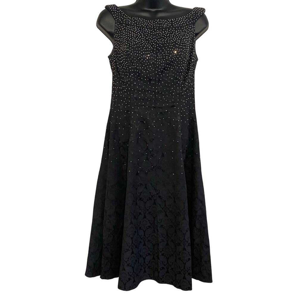Iconic Unique Vintage Womens Sz Medium Dress Rhinestone Jacquard Damask Retro